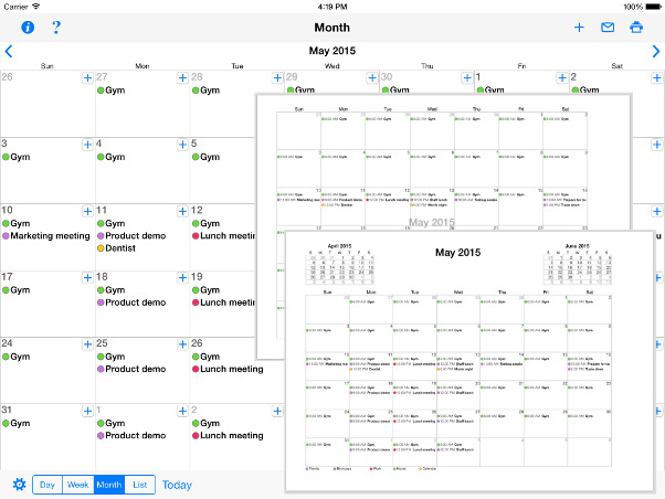 Print Reminders and your Calendar for iPad iPhone - print week, day calendar views shopping lists, shared lists